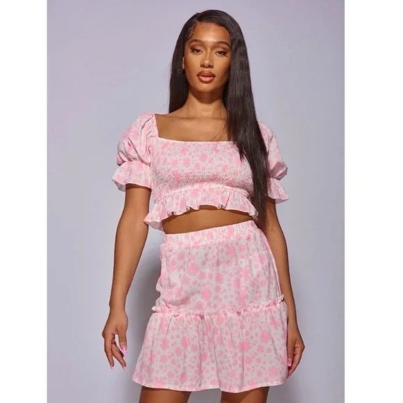 Dresses & Skirts - Pink Floral Print Short Sleeve Crop Top and High Waist Mini Skirt Two Piece Set